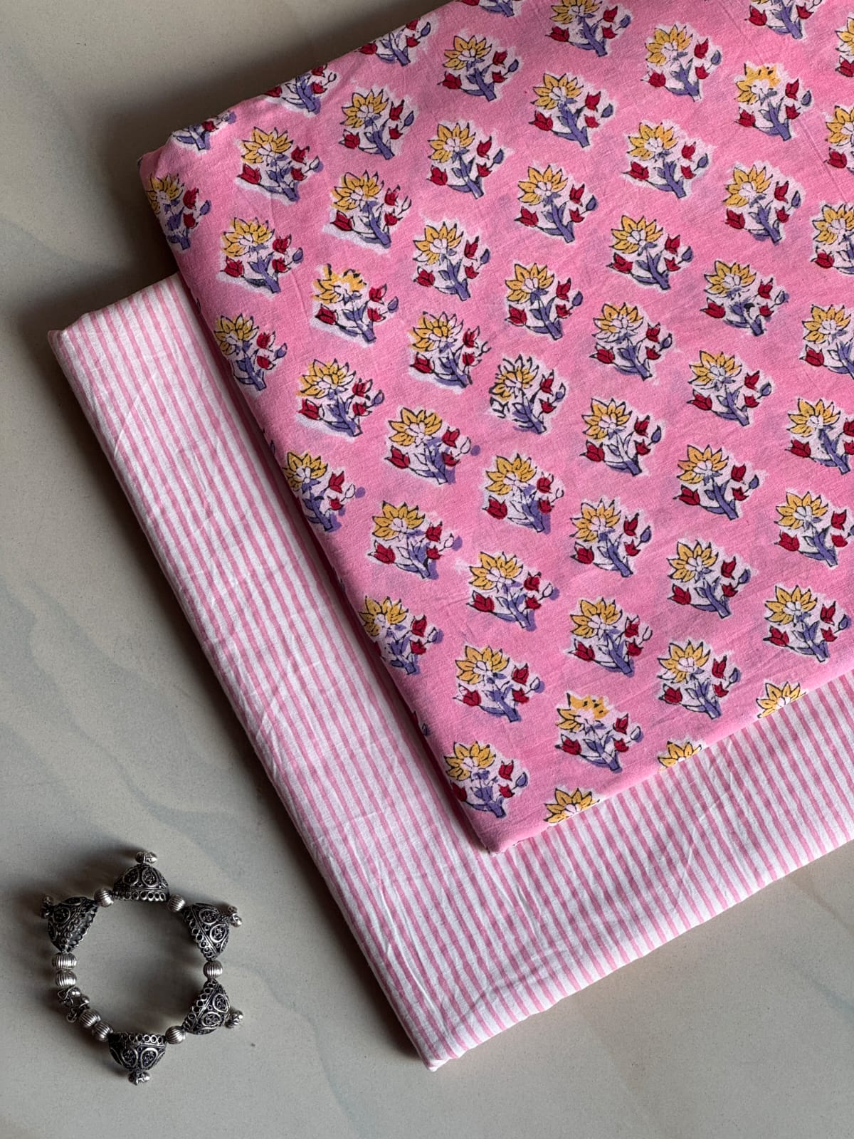 Pure Soft Cotton Handblock Printed 2PC Top-Bottom Suit Set (2.50 Meter Each)