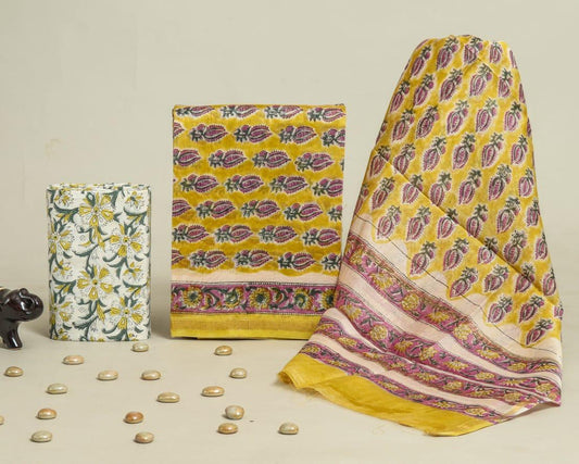 Designer Handblock Printed Chanderi Silk Suit Set