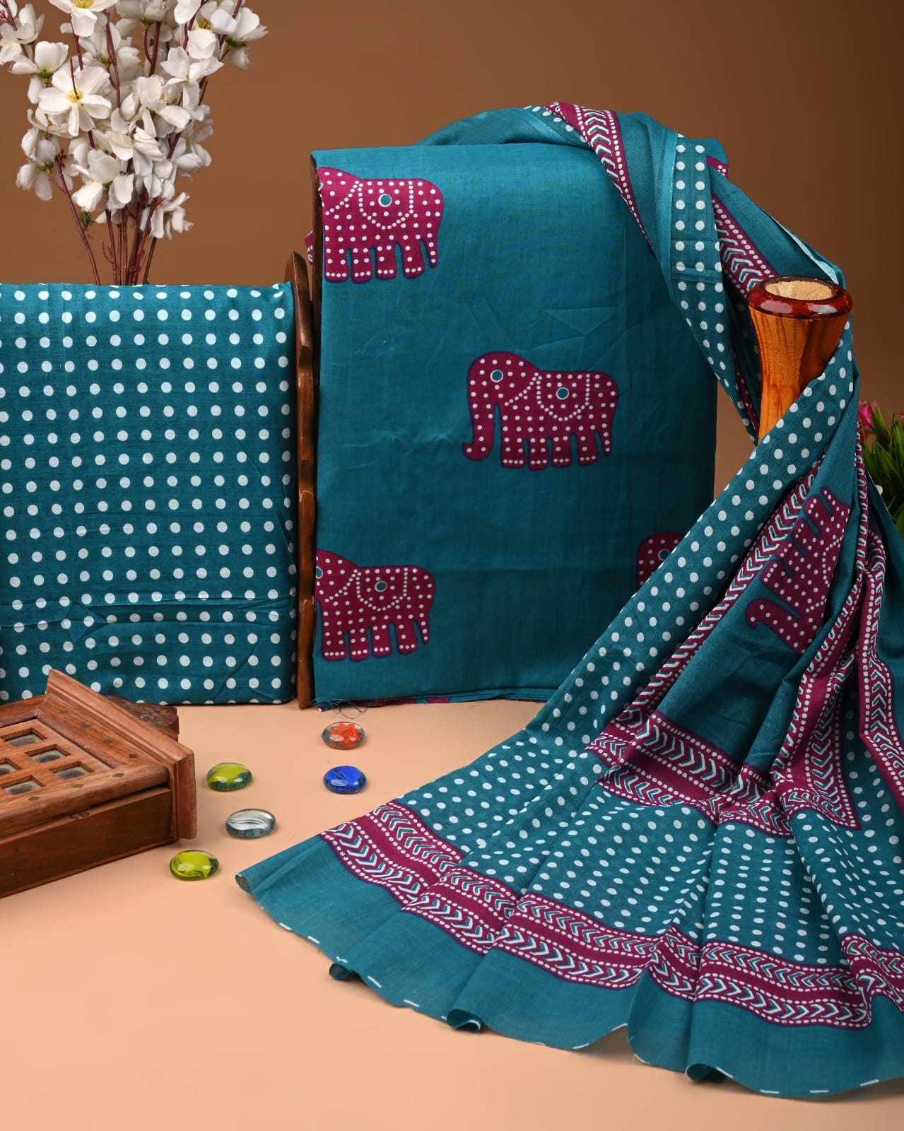Designer Hand Block Printed Cotton Suit Set With Cotton Dupatta