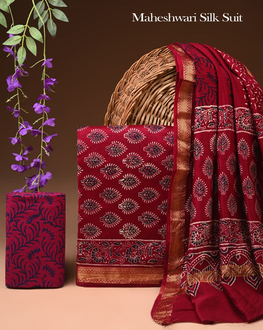 Premium Designer Handblock Printed Maheshwari Silk Suit Set