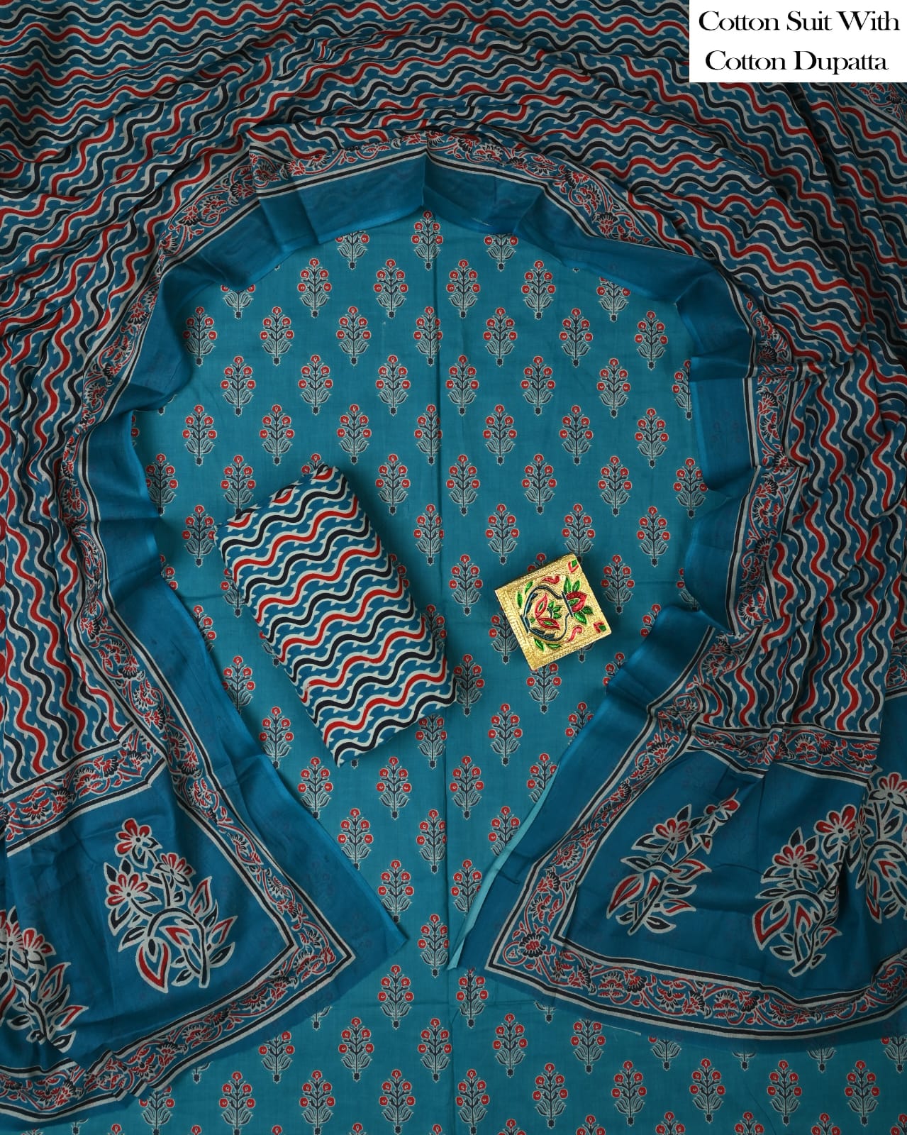 Designer Hand Block Printed Cotton Suit Set With Cotton Dupatta