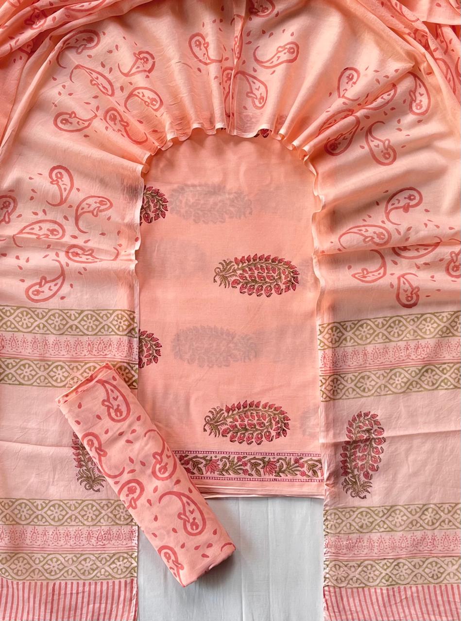 Pure Soft Cotton Hand Block Printed Suit Set With Cotton Dupatta