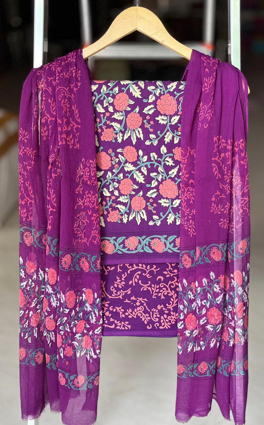 Pure Cotton Hand Block Printed Suit Set With Chiffon Dupatta