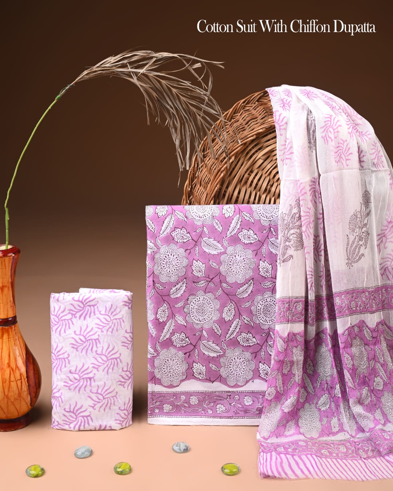 Pure Cotton Hand Block Printed Suit Set With Chiffon Dupatta