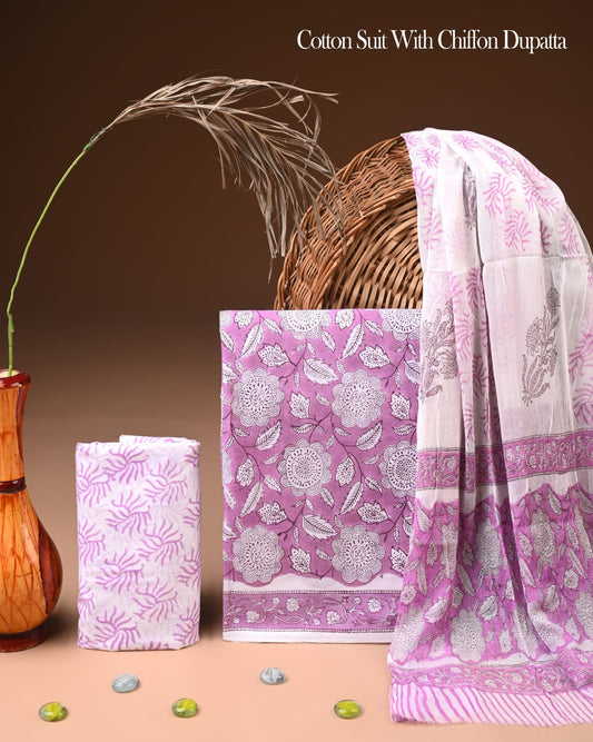 Pure Cotton Hand Block Printed Suit Set With Chiffon Dupatta