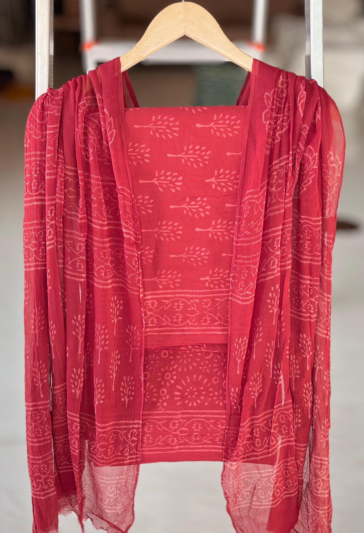 Pure Cotton Hand Block Printed Suit Set With Chiffon Dupatta
