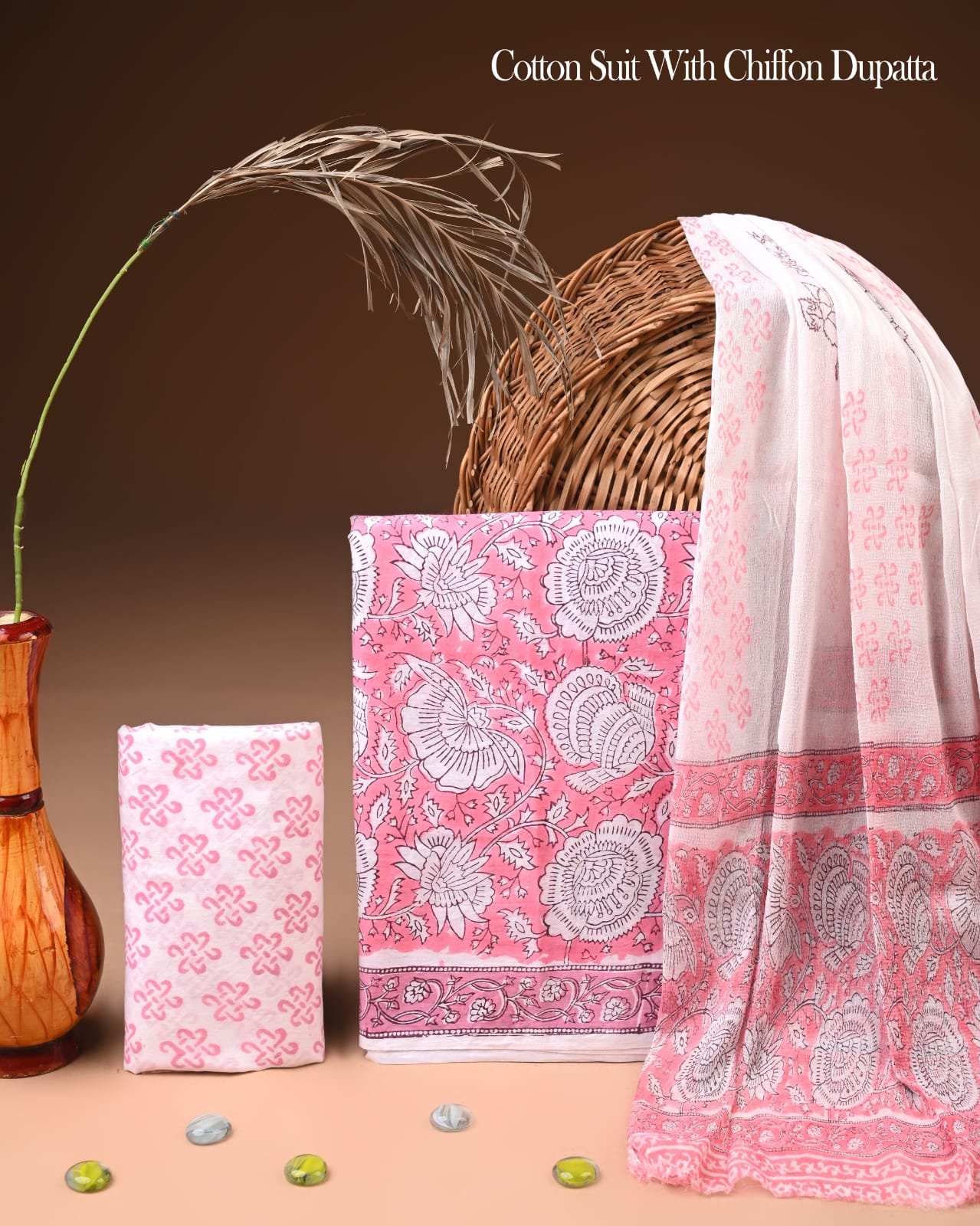 Pure Cotton Hand Block Printed Suit Set With Chiffon Dupatta