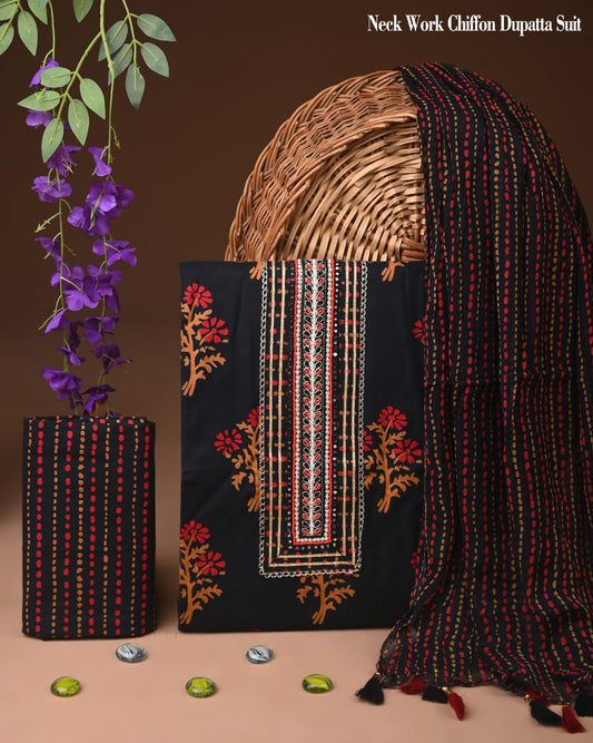 Premium Gota Patti Work Cotton Suit Set With Chiffon Dupatta