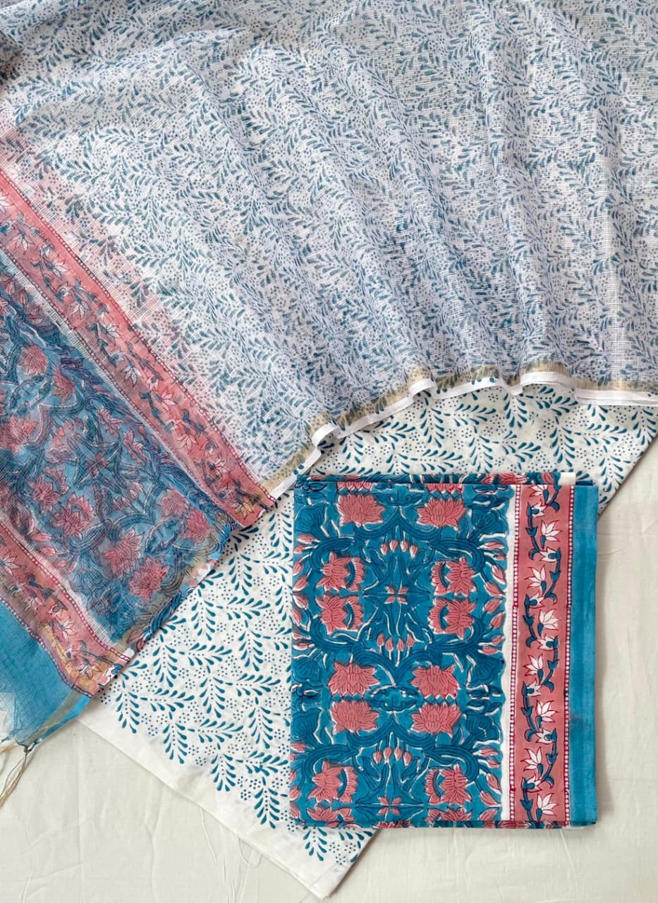 Pure Cotton Hand Block Printed Suit Set With Kota Doria Dupatta