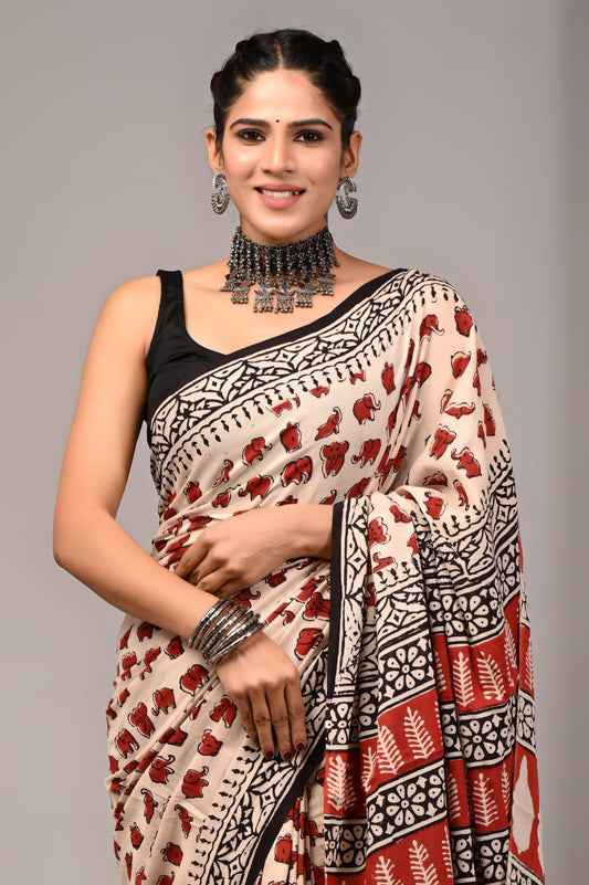 Pure Soft Cotton Handblock Printed Saree With Blouse
