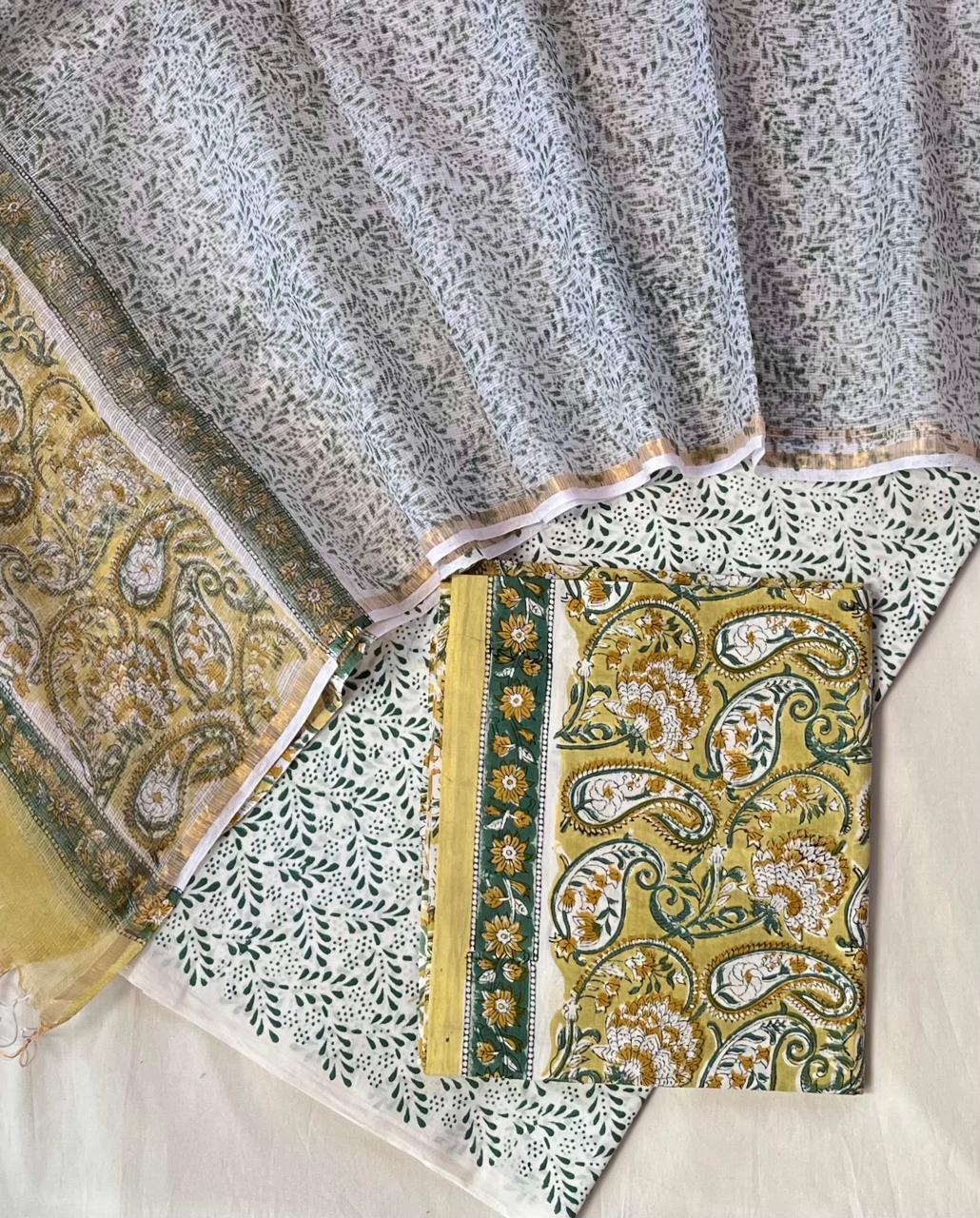 Pure Cotton Hand Block Printed Suit Set With Kota Doria Dupatta