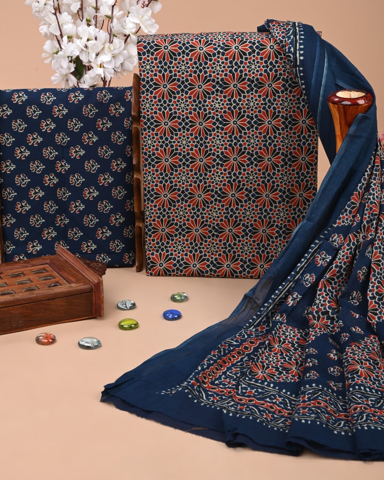 Designer Hand Block Printed Cotton Suit Set With Cotton Dupatta