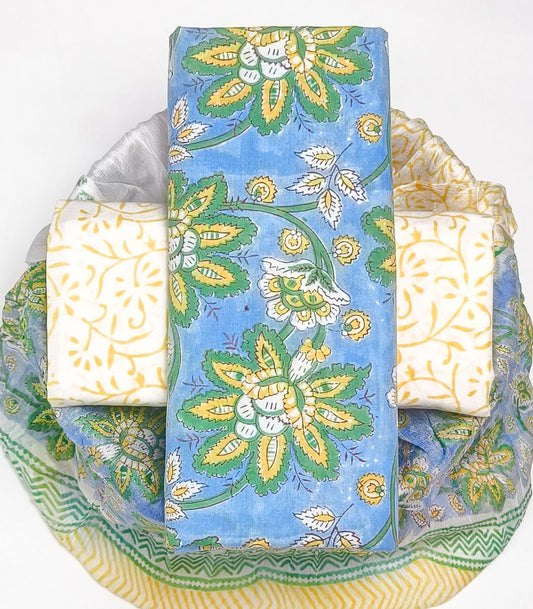 Pure Cotton Hand Block Printed Suit Set With Chiffon Dupatta