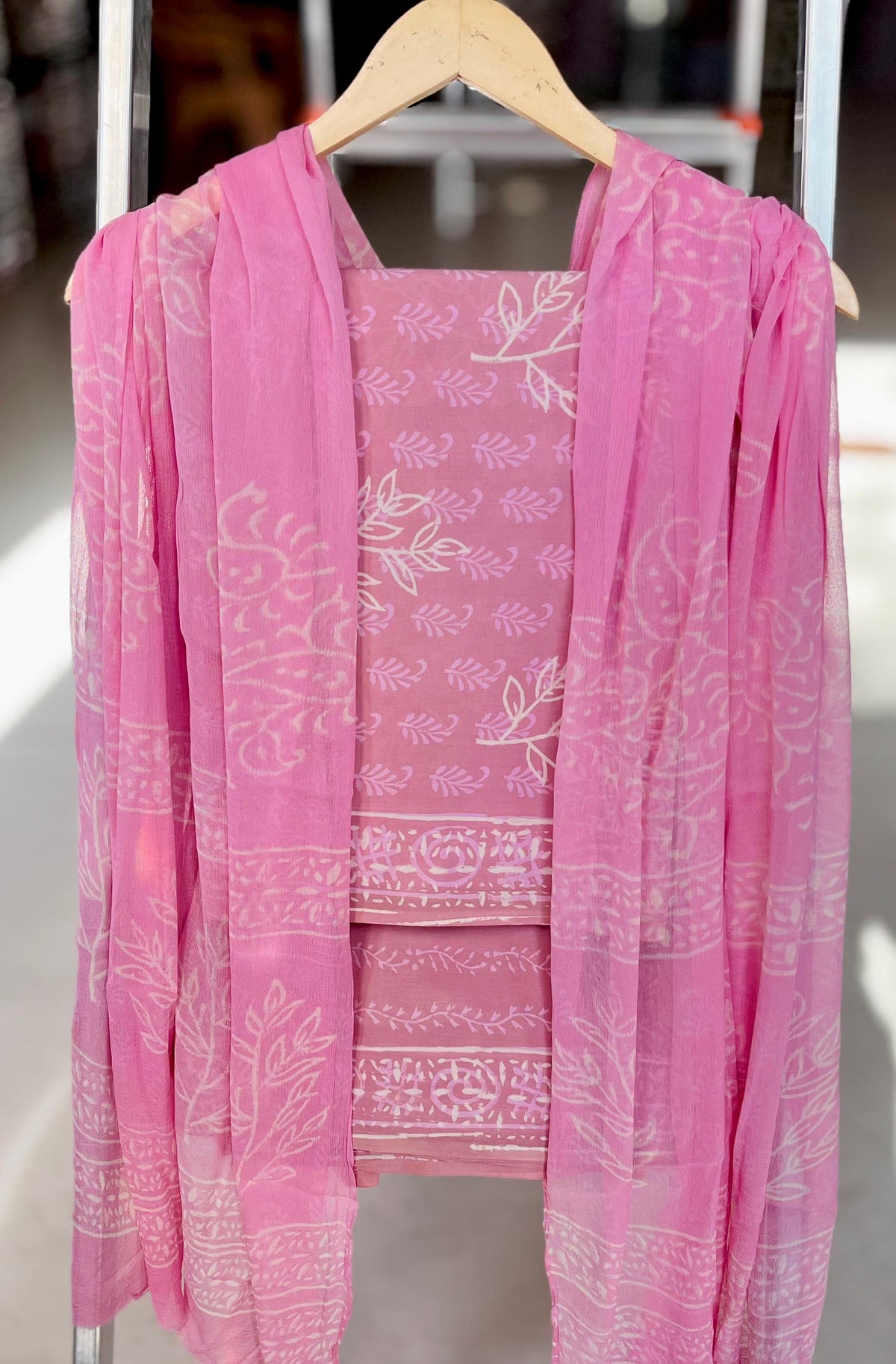 Pure Cotton Hand Block Printed Suit Set With Chiffon Dupatta