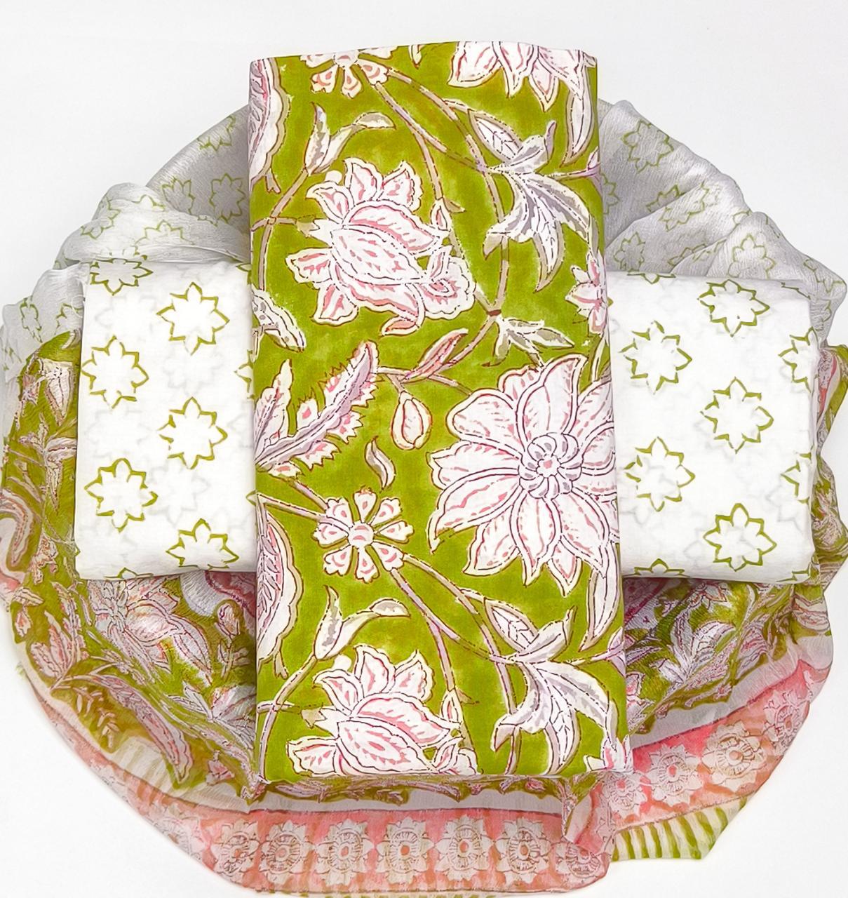 Pure Cotton Hand Block Printed Suit Set With Chiffon Dupatta