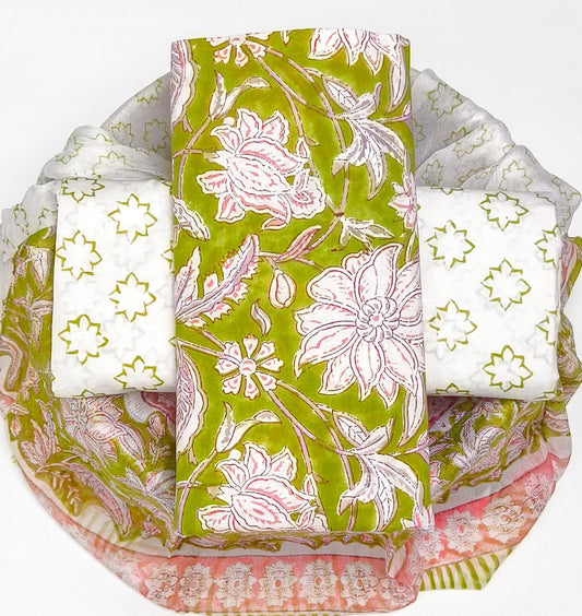 Pure Cotton Hand Block Printed Suit Set With Chiffon Dupatta