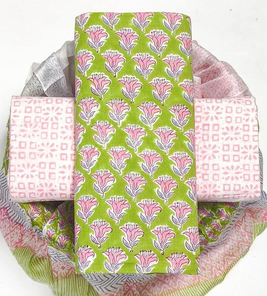 Pure Cotton Hand Block Printed Suit Set With Chiffon Dupatta