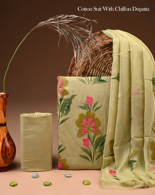 Pure Cotton Hand Block Printed Suit Set With Chiffon Dupatta