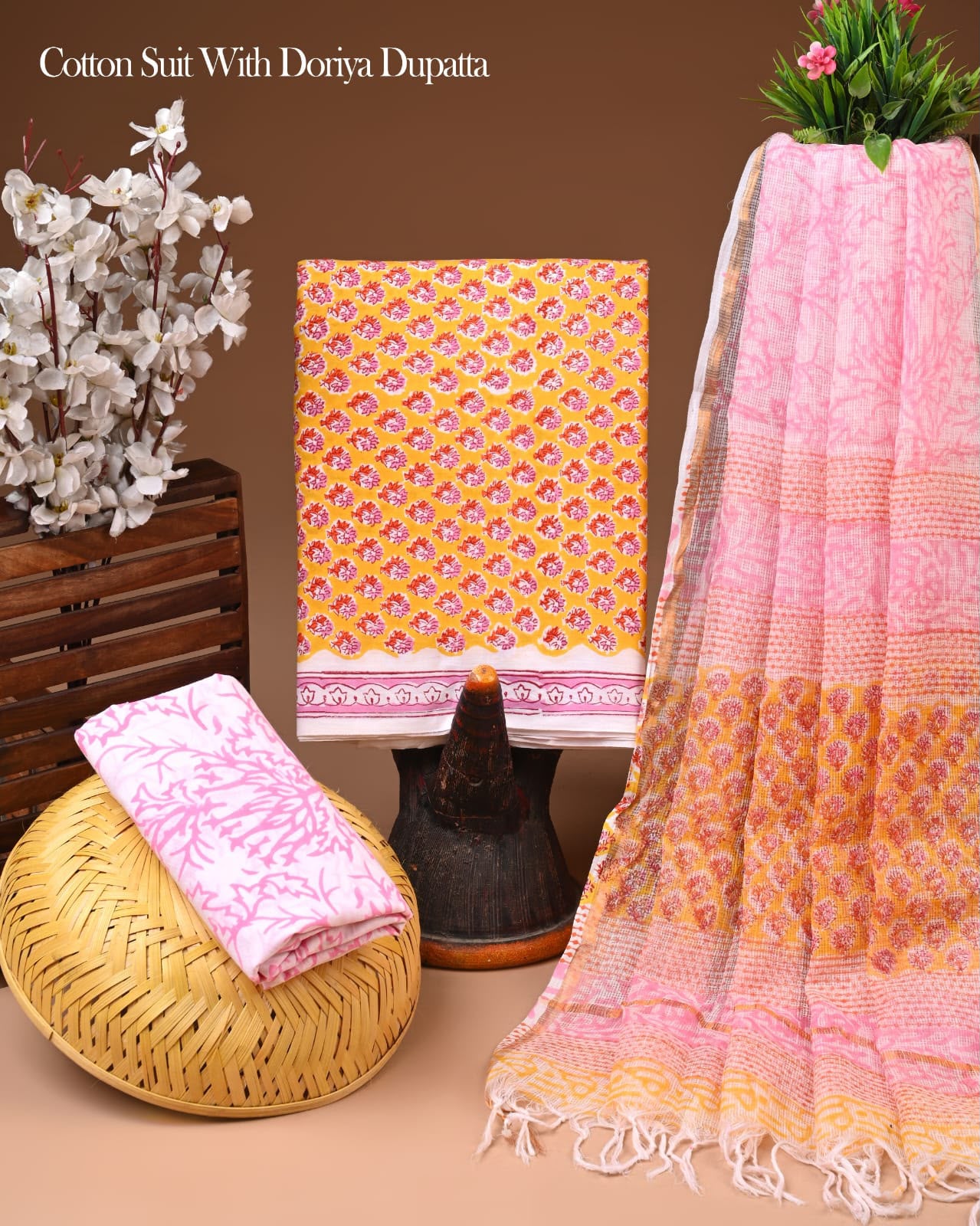 Pure Cotton Hand Block Printed Suit Set With Kota Doria Dupatta