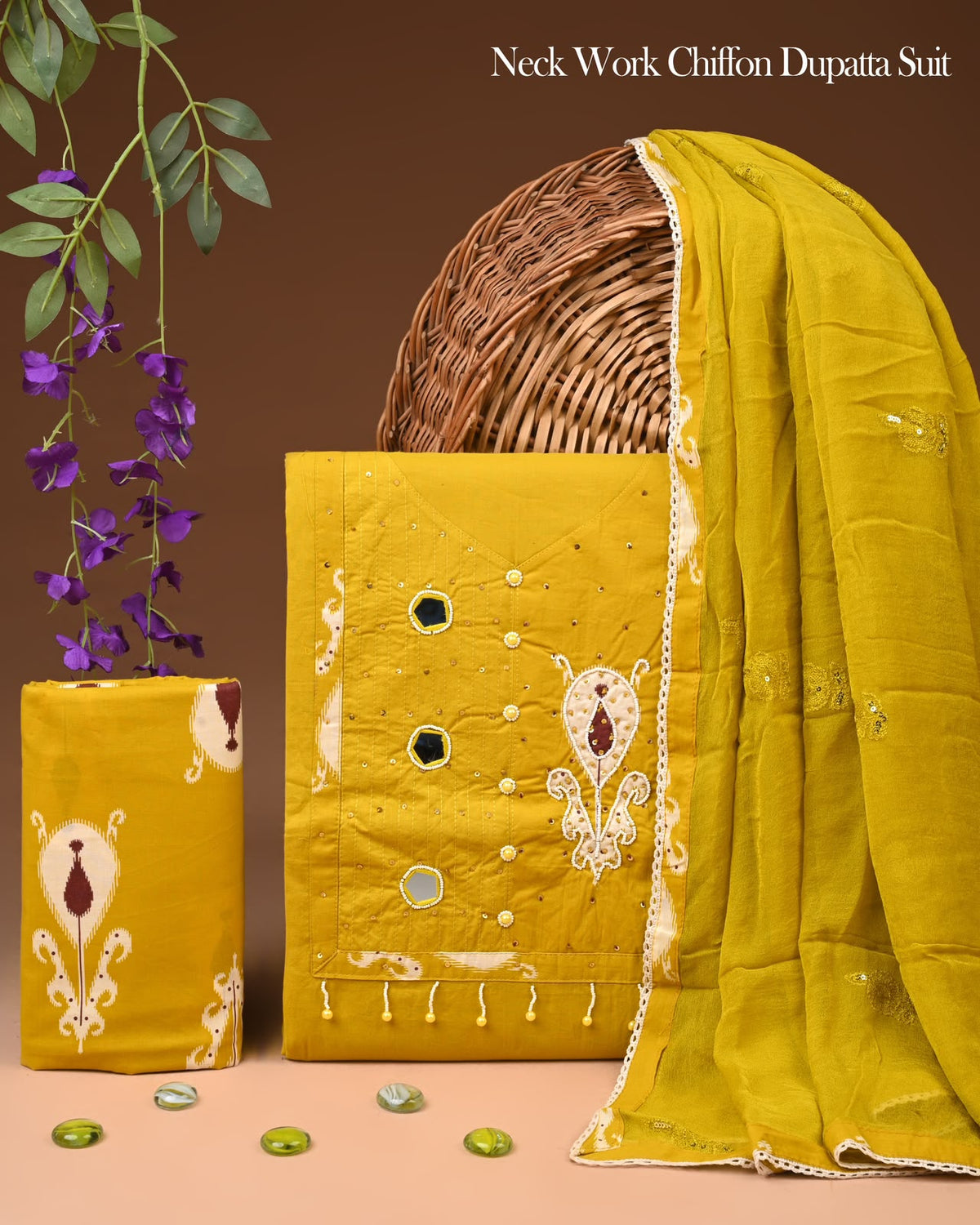 Premium Gota Patti Work Cotton Suit Set With Chiffon Dupatta