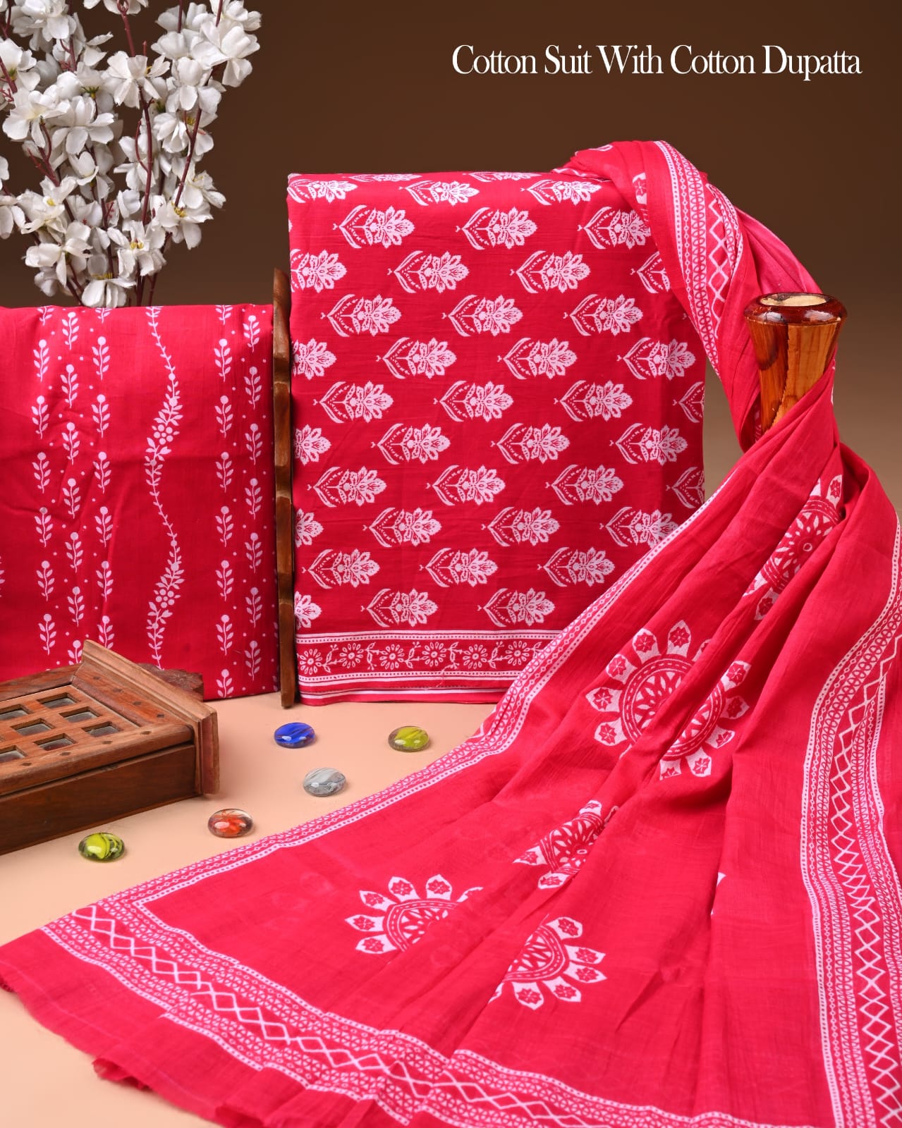 Designer Hand Block Printed Cotton Suit Set With Cotton Dupatta
