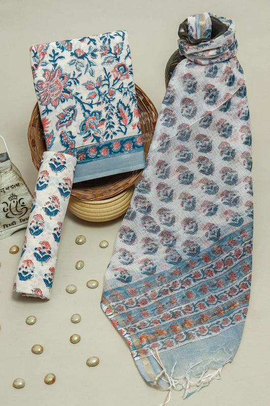 Pure Cotton Hand Block Printed Suit Set With Kota Doria Dupatta