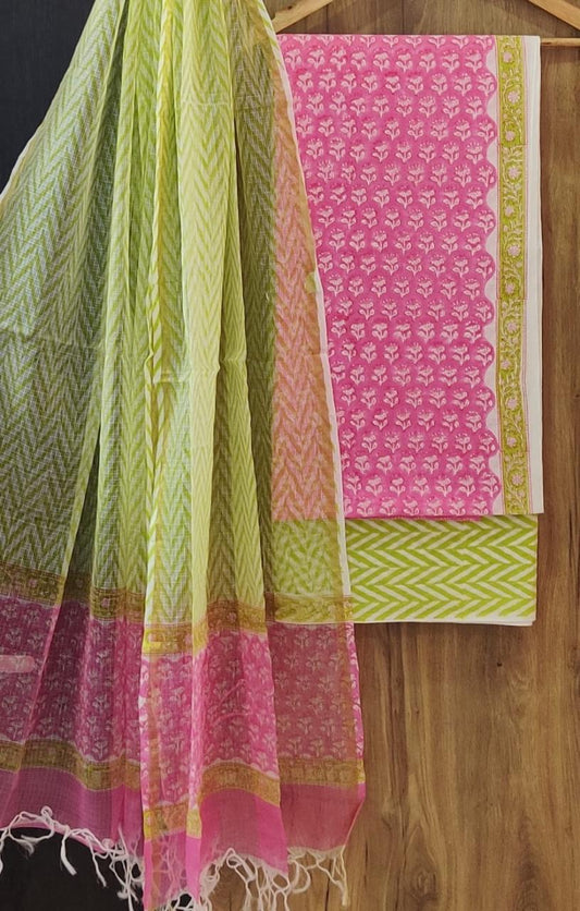 Pure Cotton Hand Block Printed Suit Set With Kota Doria Dupatta