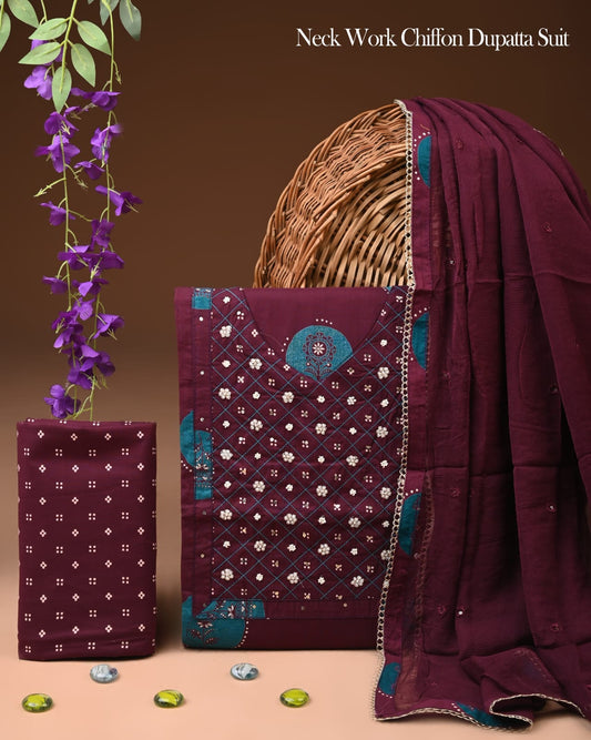 Premium Gota Patti Work Cotton Suit Set With Chiffon Dupatta