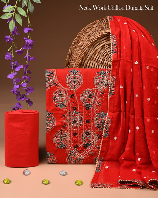Premium Gota Patti Work Cotton Suit Set With Chiffon Dupatta