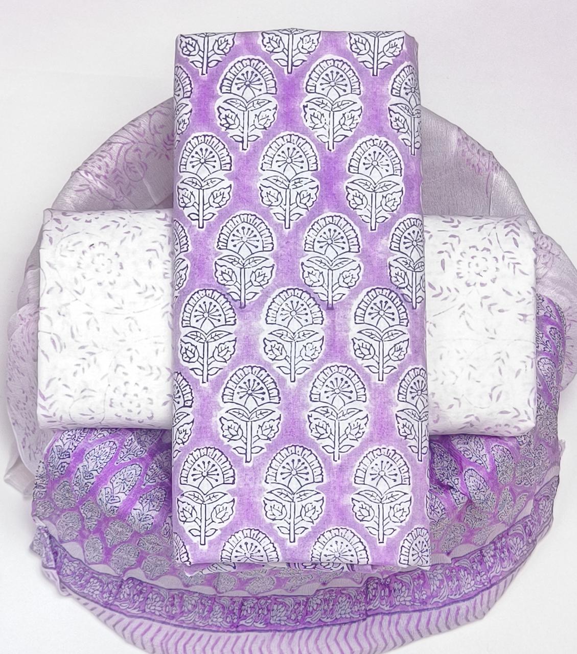 Pure Cotton Hand Block Printed Suit Set With Chiffon Dupatta