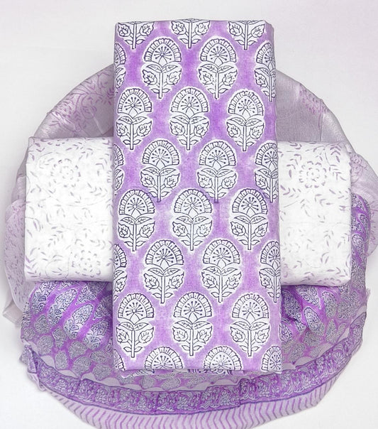 Pure Cotton Hand Block Printed Suit Set With Chiffon Dupatta