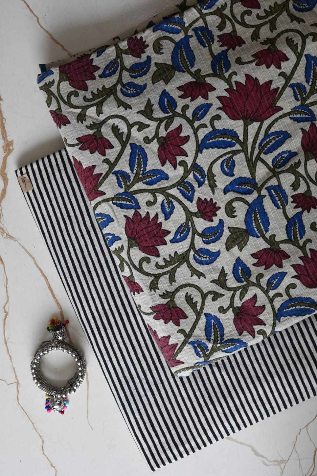 Pure Soft Kantha Cotton Handblock Printed 2PC Top-Bottom Suit Set (2.50 Meter Each)