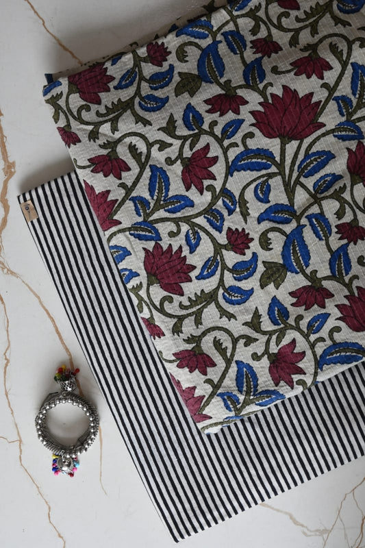 Pure Soft Kantha Cotton Handblock Printed 2PC Top-Bottom Suit Set (2.50 Meter Each)