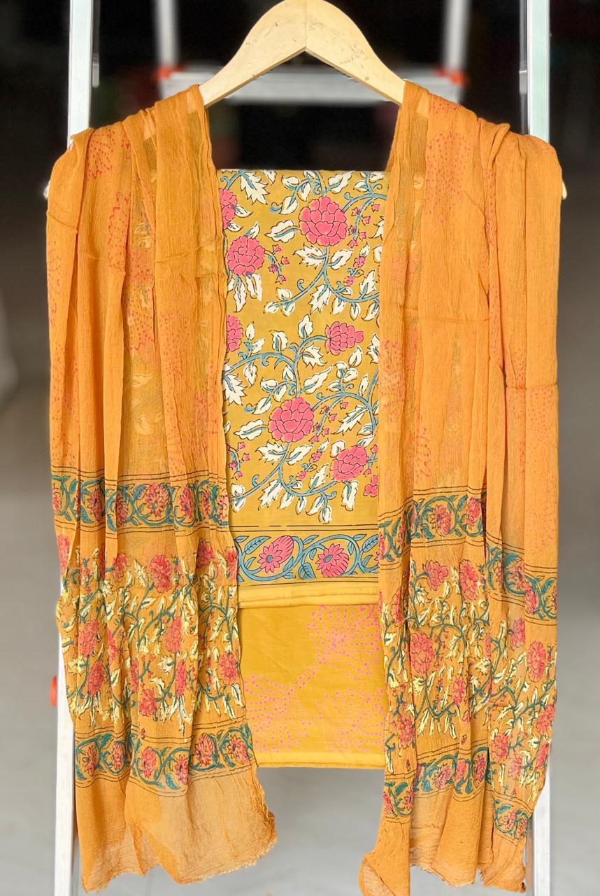 Pure Cotton Hand Block Printed Suit Set With Chiffon Dupatta
