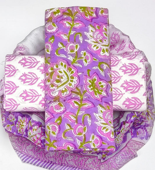 Pure Cotton Hand Block Printed Suit Set With Chiffon Dupatta