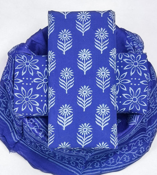 Pure Cotton Hand Block Printed Suit Set With Chiffon Dupatta