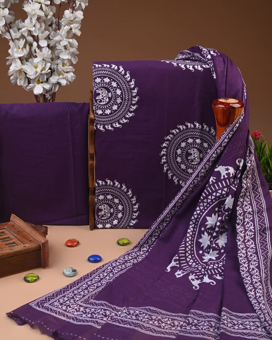 Designer Hand Block Printed Cotton Suit Set With Cotton Dupatta