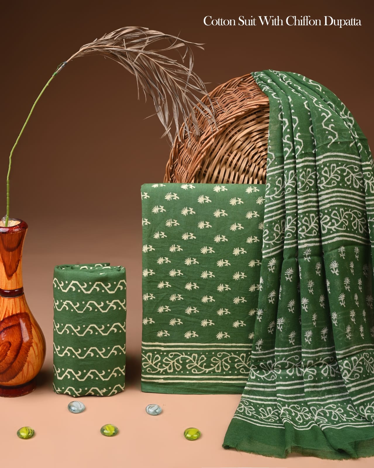Pure Cotton Hand Block Printed Suit Set With Chiffon Dupatta