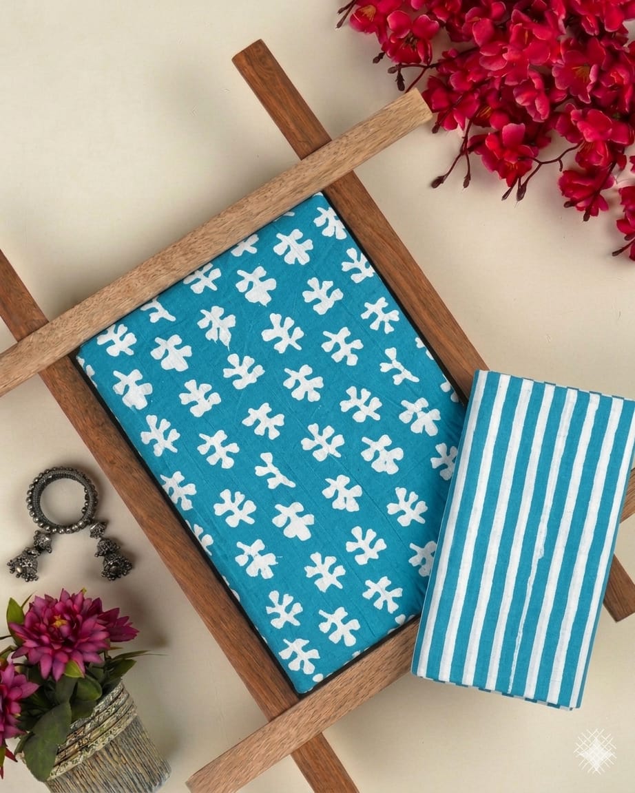 Pure Soft Cotton Handblock Printed 2PC Top-Bottom Suit Set (2.50 Meter Each)