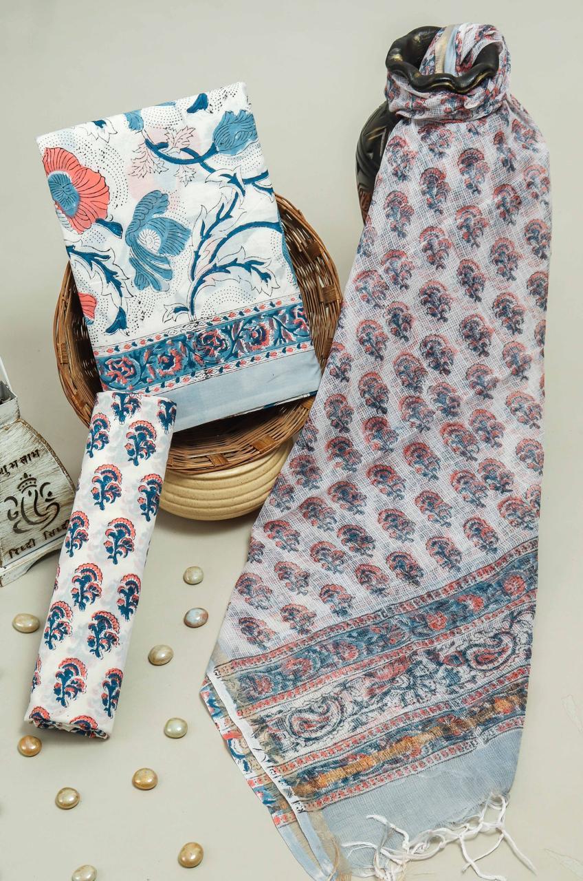 Pure Cotton Hand Block Printed Suit Set With Kota Doria Dupatta