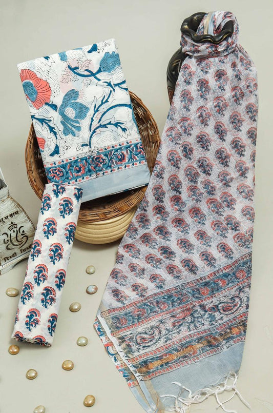 Pure Cotton Hand Block Printed Suit Set With Kota Doria Dupatta