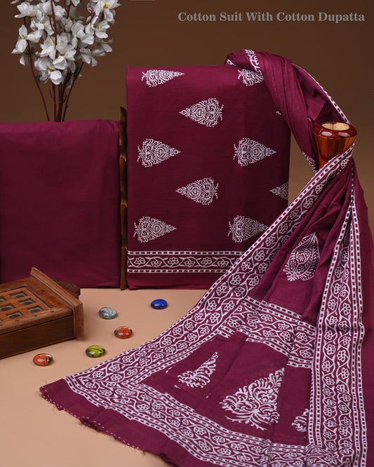 Designer Hand Block Printed Cotton Suit Set With Cotton Dupatta