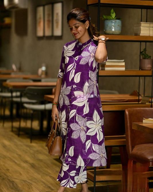 Premium Floral Fine Cotton Printed A-Line Pattern Kurti-Palazzo Set