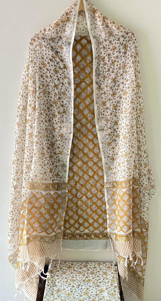 Premium Cotton Linen Hand Block Printed Cotton Linen Suit Set