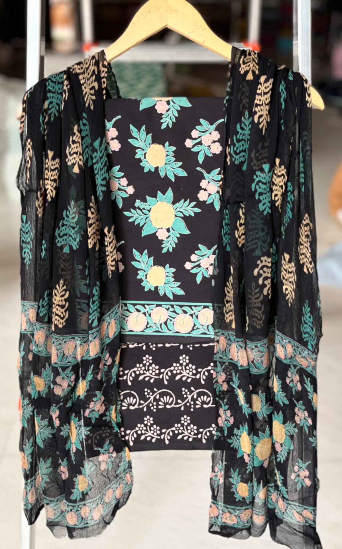 Pure Soft Cotton Hand Block Printed Suit Set With Chiffon Dupatta