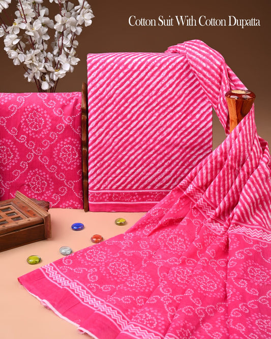 Designer Hand Block Printed Cotton Suit Set With Cotton Dupatta