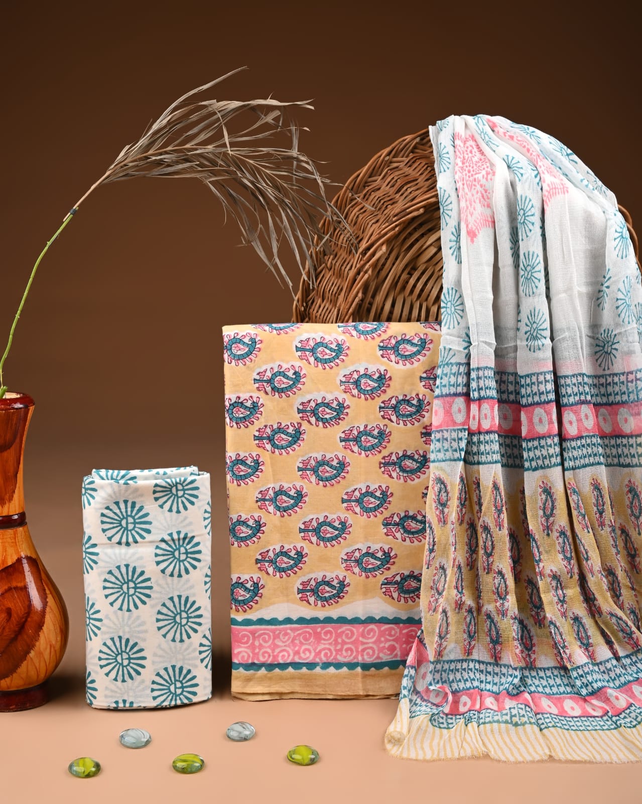 Pure Cotton Hand Block Printed Suit Set With Chiffon Dupatta