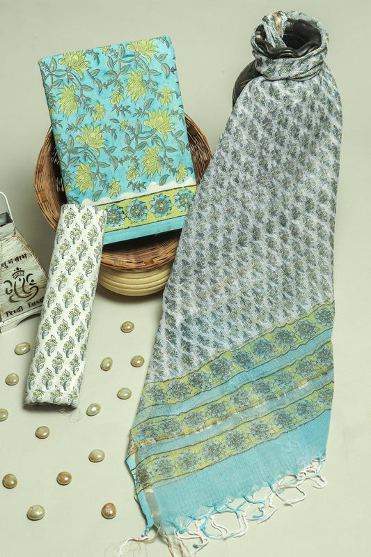 Pure Cotton Hand Block Printed Suit Set With Kota Doria Dupatta