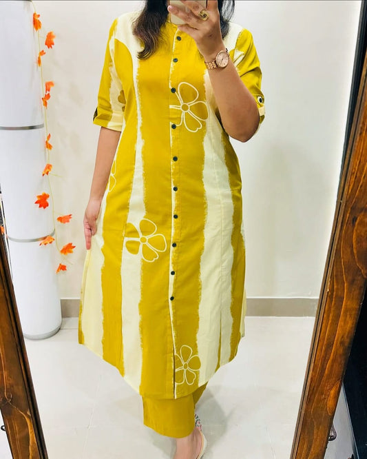 Premium Floral Fine Cotton Printed A-Line Pattern Kurti-Palazzo Set