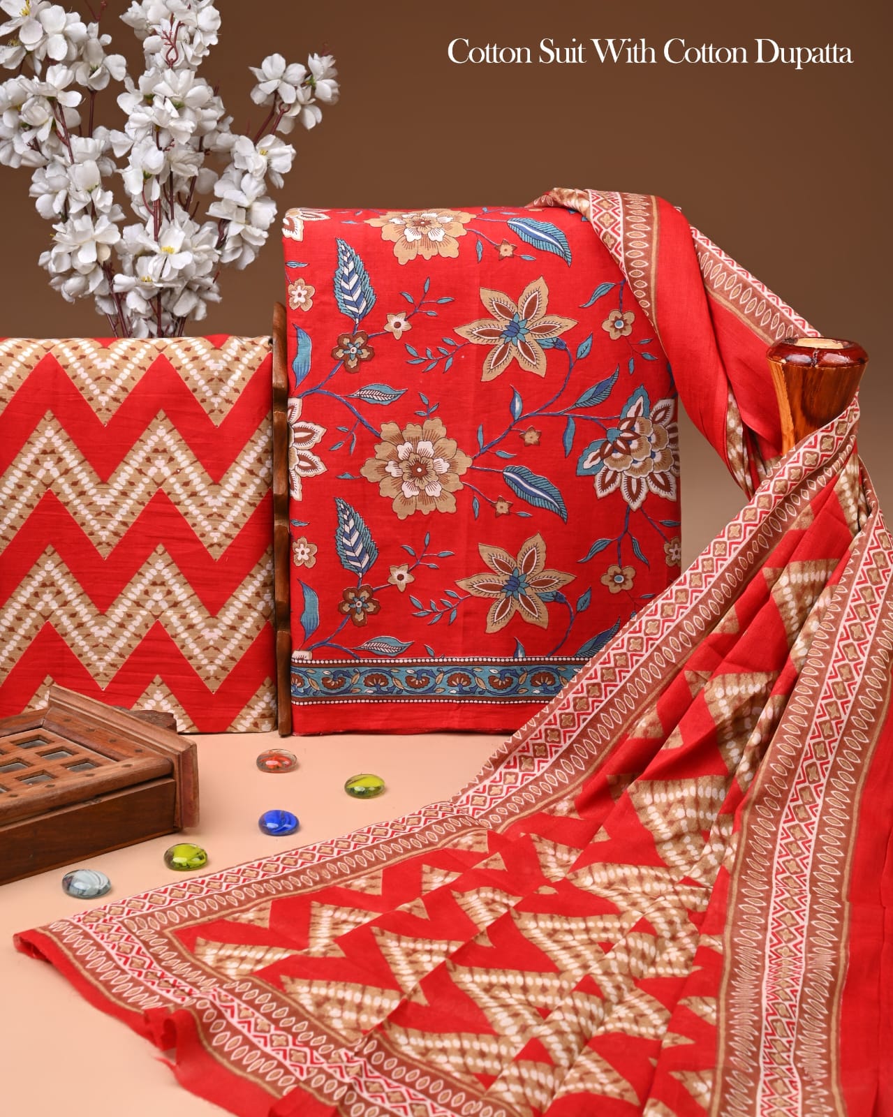 Designer Hand Block Printed Cotton Suit Set With Cotton Dupatta